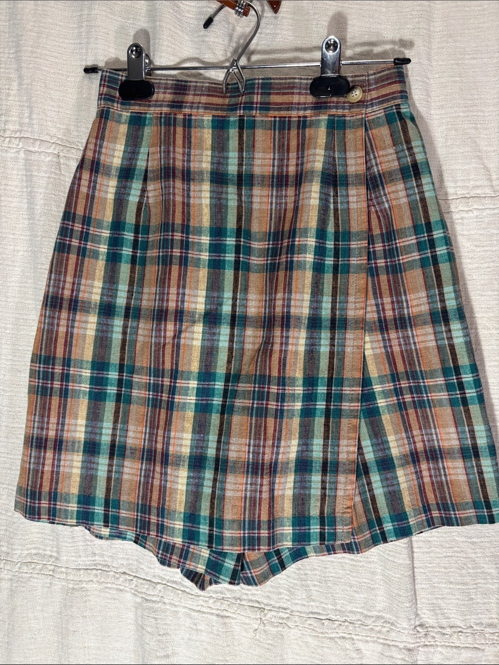 Plaid Wrap-Style Mini Skort in Teal, Brown & Cream Linen Cotton Blend - Picture 1 of 7